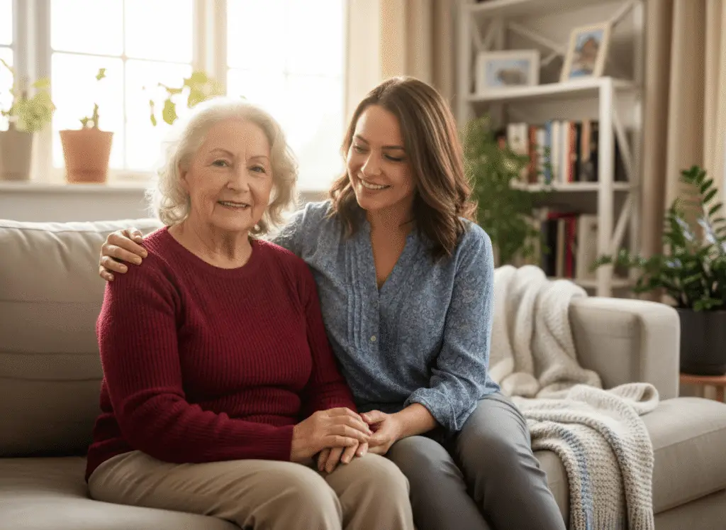 elderly woman dressed in deep red shirt, with a female caregiver sitting